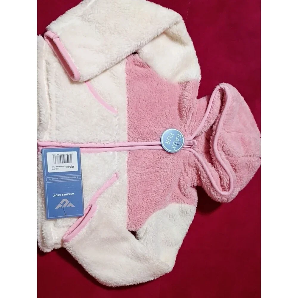 Weather Club Faux Fur Hooded Zip Baby Jacket - Pink & Cream Size 5/6